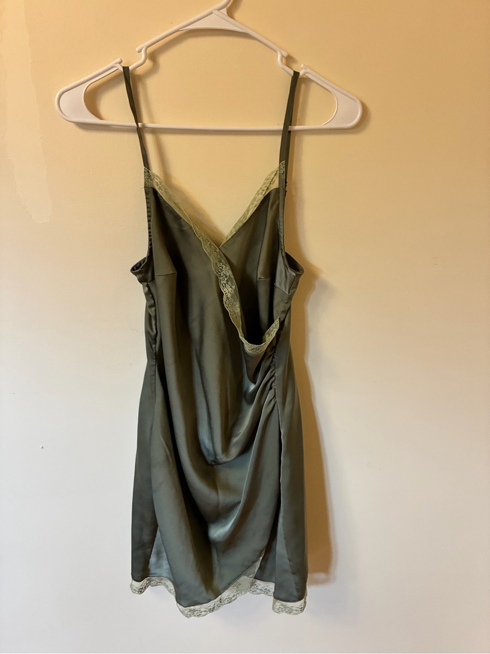 Olive Green Satin Slip Mini Dress with Lace Trim